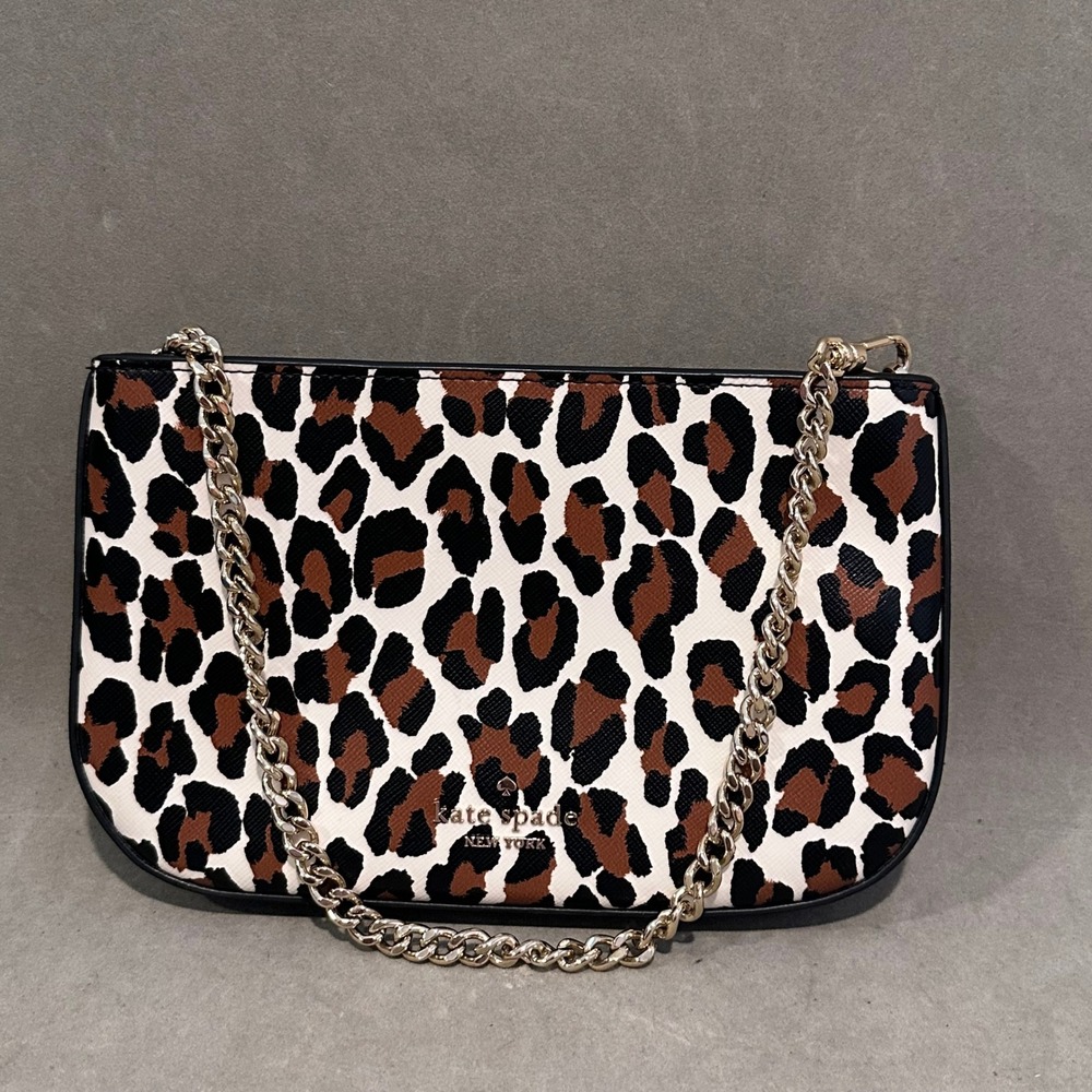 Kate Spade Leopard Print Saffiano Leather Chain Pochette Shoulder Bag Clutch